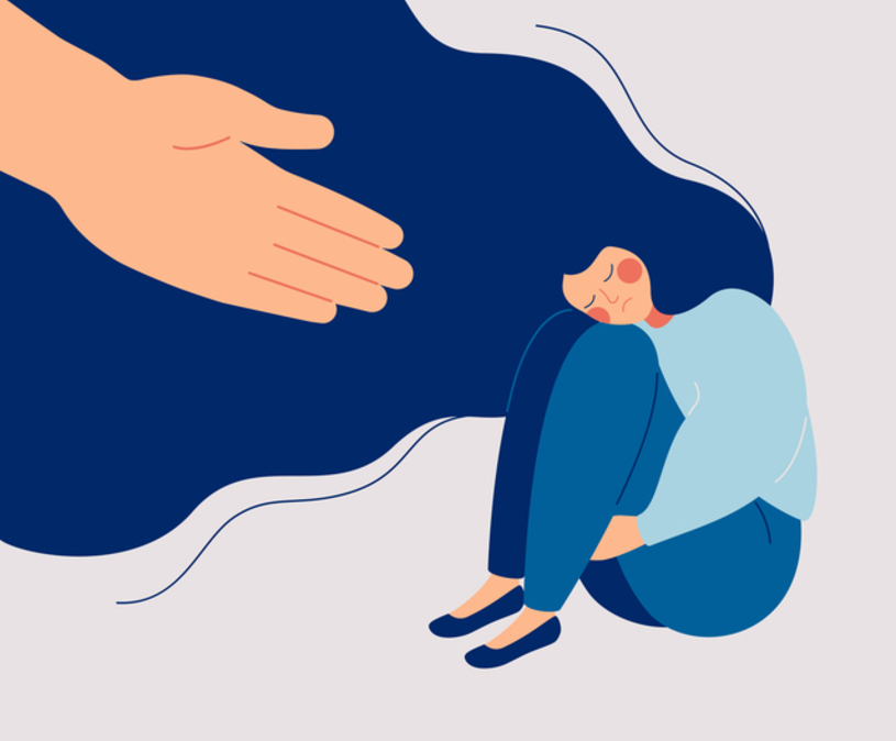 illustratie van een helpende hand en een meisje dat verdrietig is